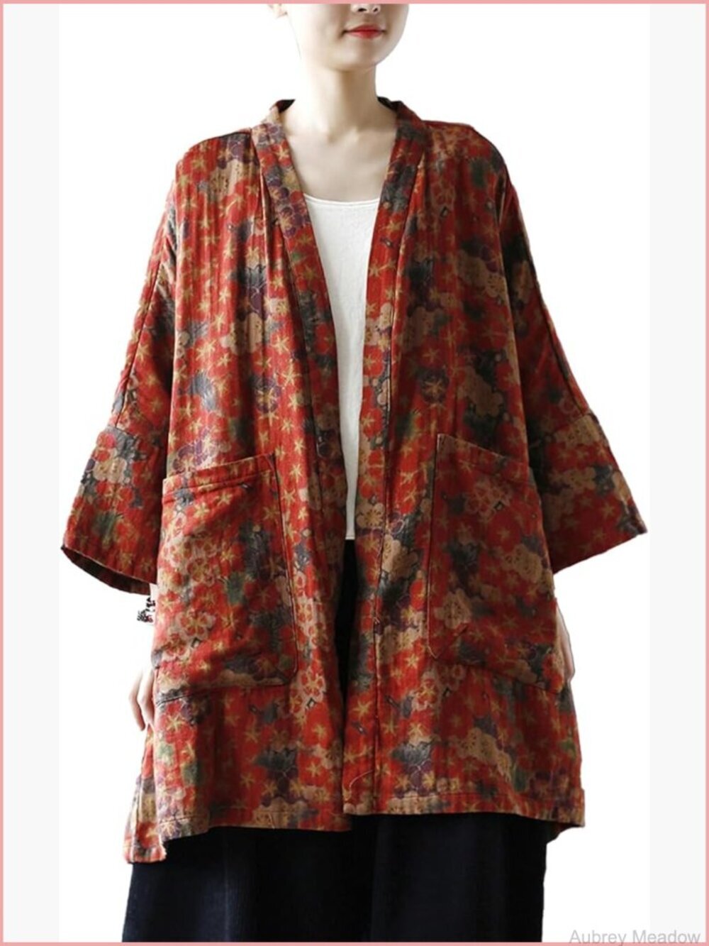 Floral Printed Kimono Jacket Open Front Cardigan Duster Coat with Pockets